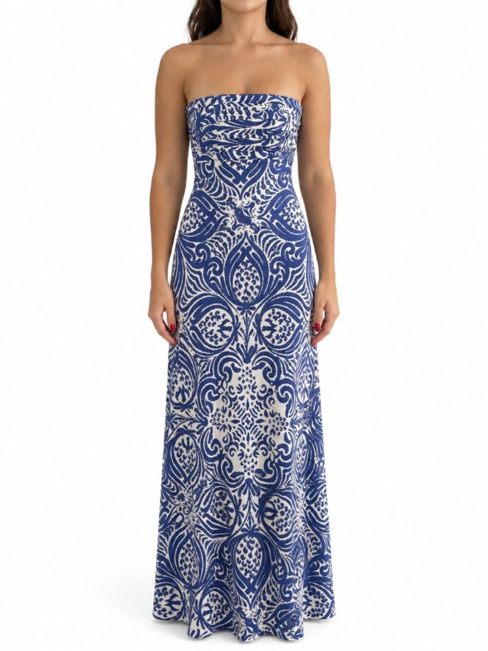 Shona Joy Blue Print Strapless Maxi Dress NWT Small